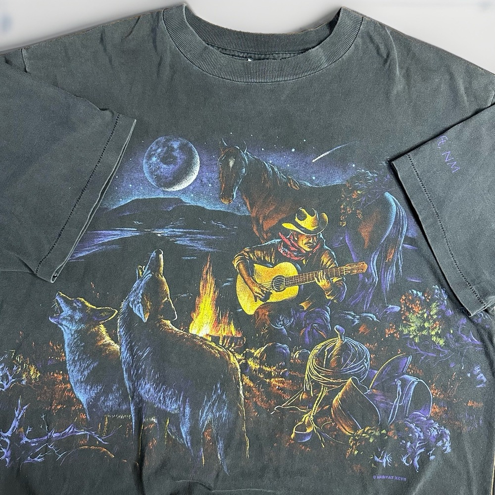 Vintage 90s Western Cowboy Wolf Pack Shirt Men XL Black AOP Guitar Campfire USA
